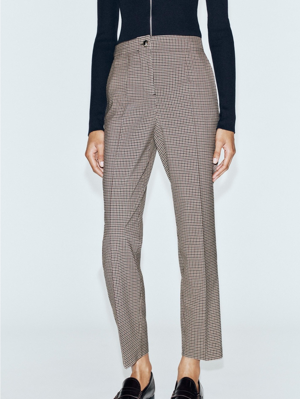 Zara| Brown & Black Checked High Waisted Straight Leg Ankle Trousers Pants Sz 2